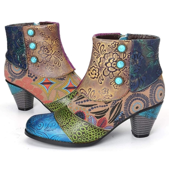 Vintage Shoes - Vintage Embossed Vegan Leather Ankle Boots with Turquoise Color Buttons